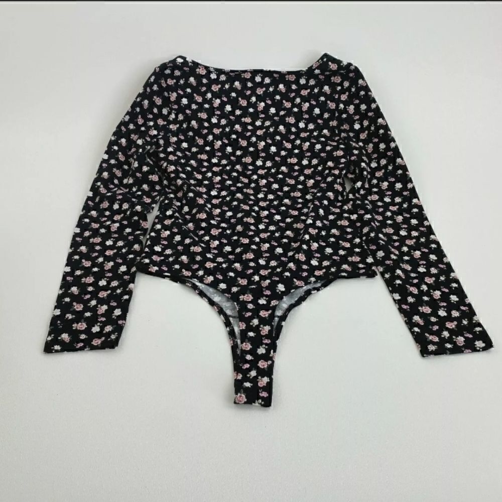 Victoria's Secret PINK Cotton Long Sleeve Floral Bodysuit Top  Black Size M  NWT